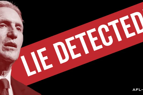 A photo of Starbucks founder and former CEO Howard Shultz with a banner saying, “Lie Detected!”